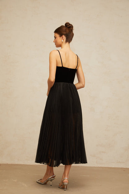 Clémence black velvet-panel pleated midi dress