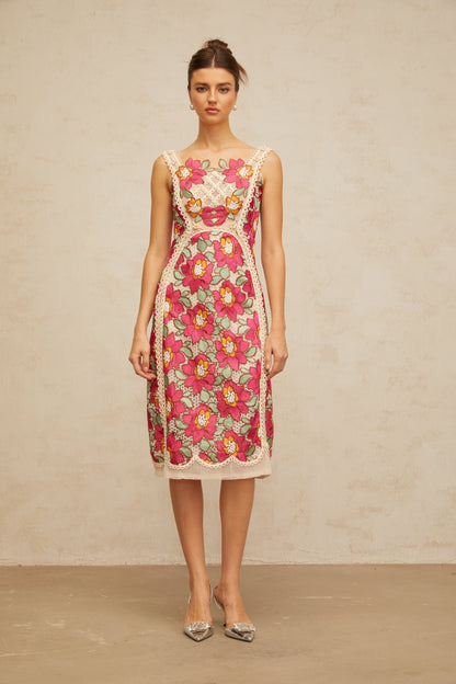 Nalini rose-pink braided floral-embroidered midi dress