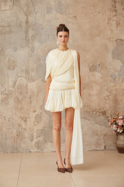 Cyrielle Pleated Mini Dress with Ribbon Design Accent