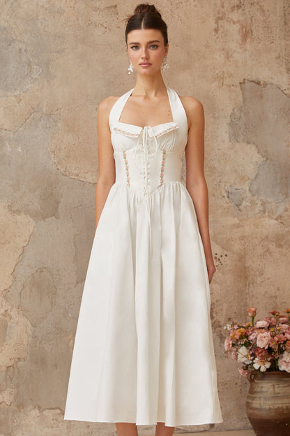 Dulcie white lace-up-detail shirred midi dress