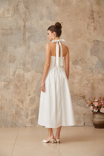 Dulcie white lace-up-detail shirred midi dress