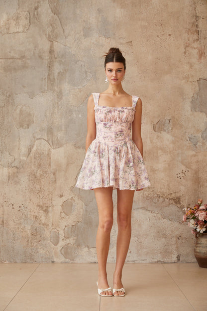 Xavière pink floral-print shirred mini dress