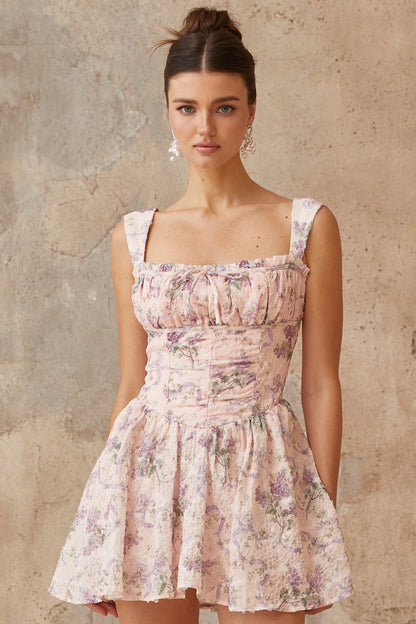 Xavière pink floral-print shirred mini dress