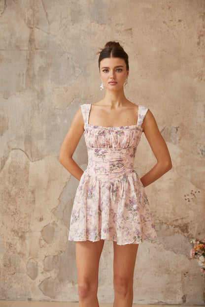 Xavière pink floral-print shirred mini dress