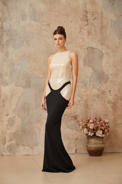 Uranie black panelled sequined corset maxi dress