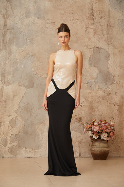 Uranie black panelled sequined corset maxi dress