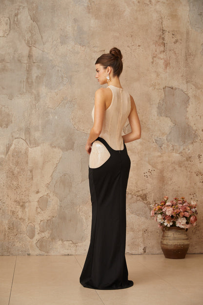 Uranie black panelled sequined corset maxi dress