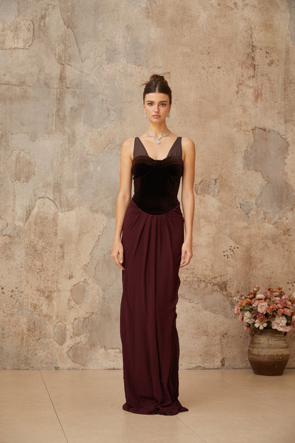 Ariane burgundy velvet-panel shirred maxi dress