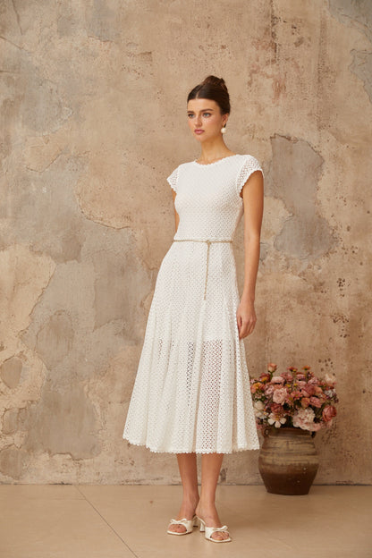 Giada White Shirred Crochet Knit Midi Dress