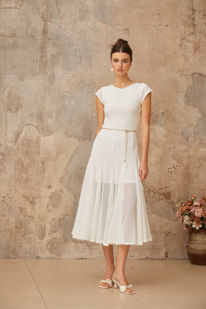 Giada White Shirred Crochet Knit Midi Dress
