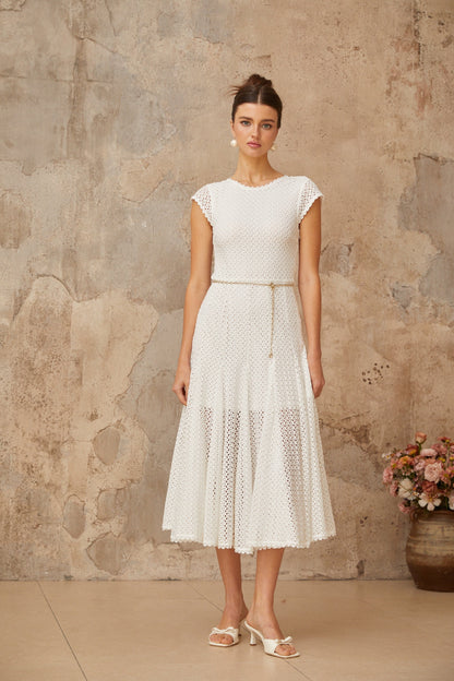 Giada White Shirred Crochet Knit Midi Dress