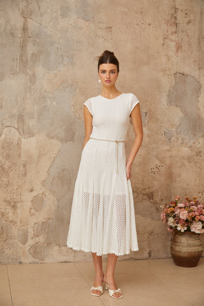 Giada White Shirred Crochet Knit Midi Dress