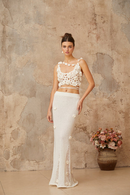 Pauline white floral appliqué top & skirt matching set