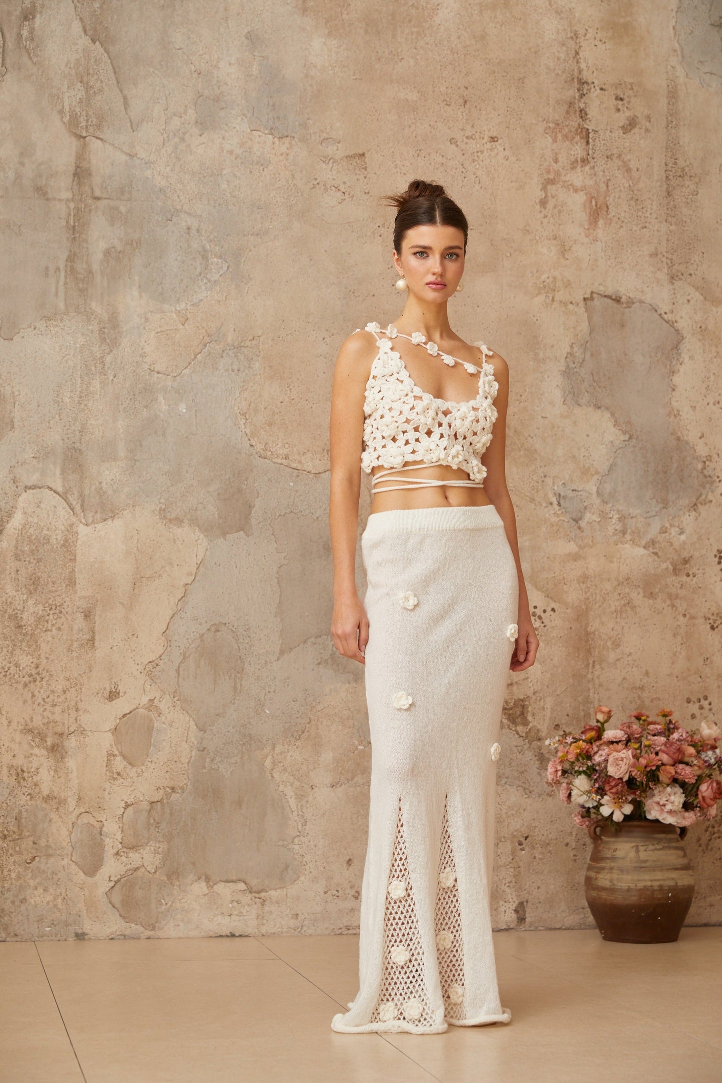 Pauline white floral appliqué top & skirt matching set