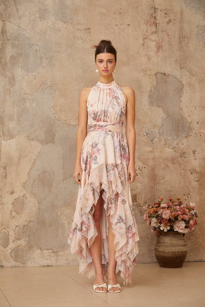 Nina pink asymmetrical floral-print maxi dress