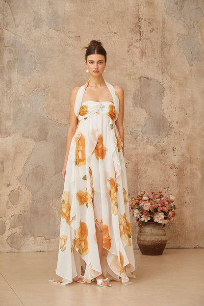 Mariah White Floral Print Ruffled Tulle Maxi Dress