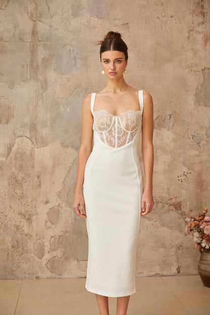 Poema white lace-panel corset midi dress