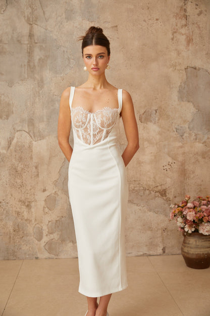 Poema white lace-panel corset midi dress