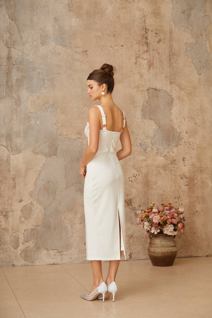 Poema white lace-panel corset midi dress