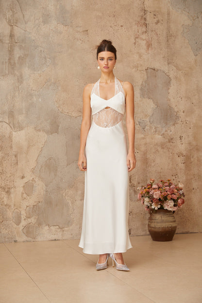 Blanche white lace-panel satin maxi dress