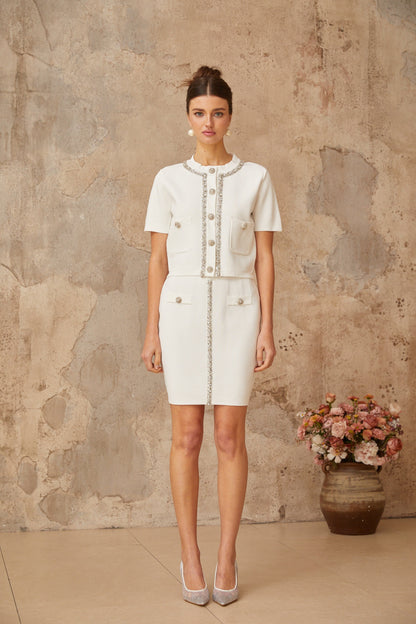 Aurore white crystal-embellished knit top & skirt matching set