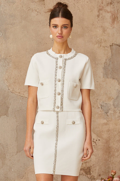 Aurore white crystal-embellished knit top & skirt matching set