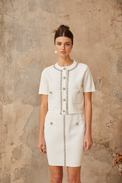 Aurore white crystal-embellished knit top & skirt matching set