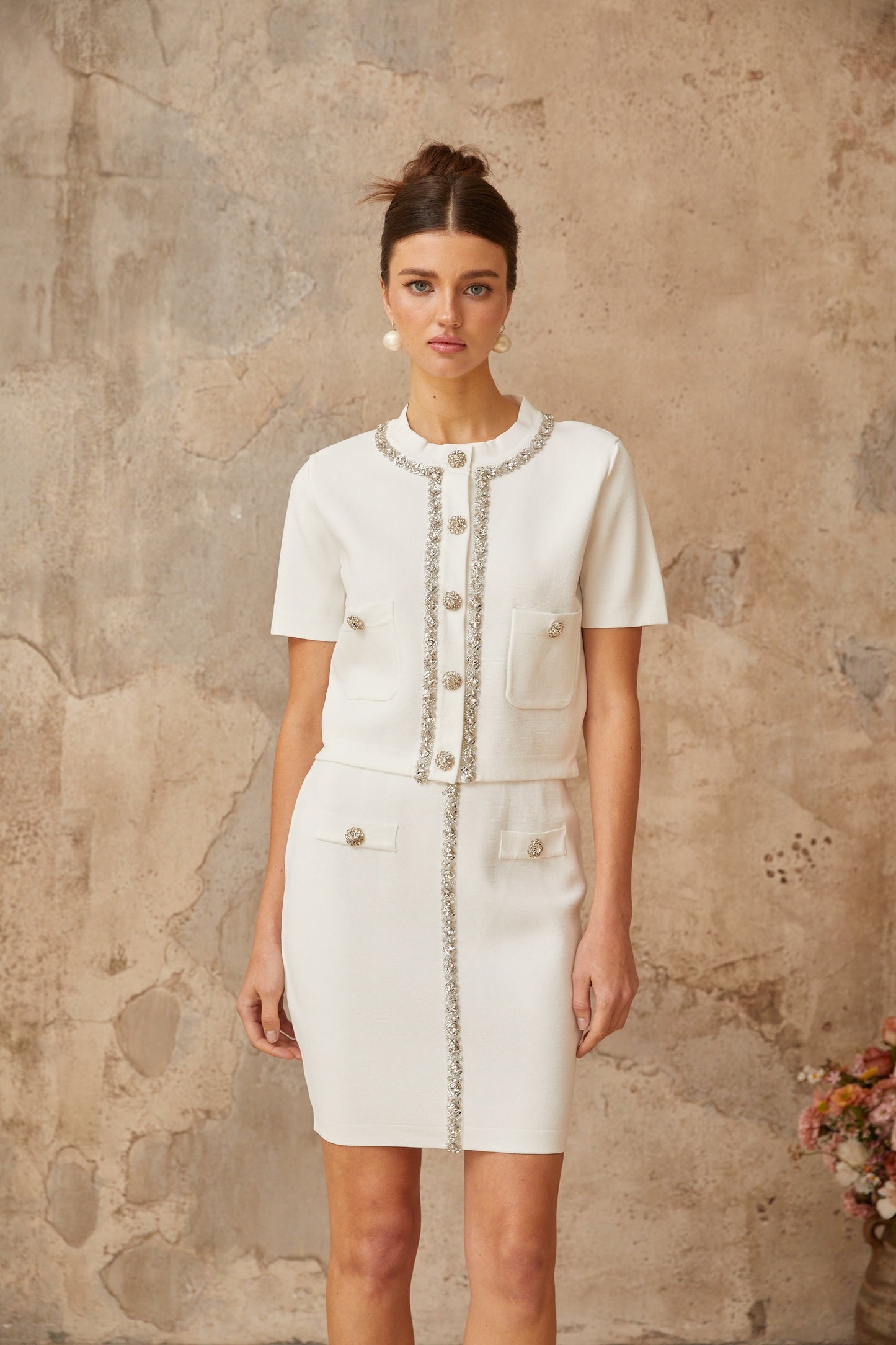 Aurore white crystal-embellished knit top & skirt matching set