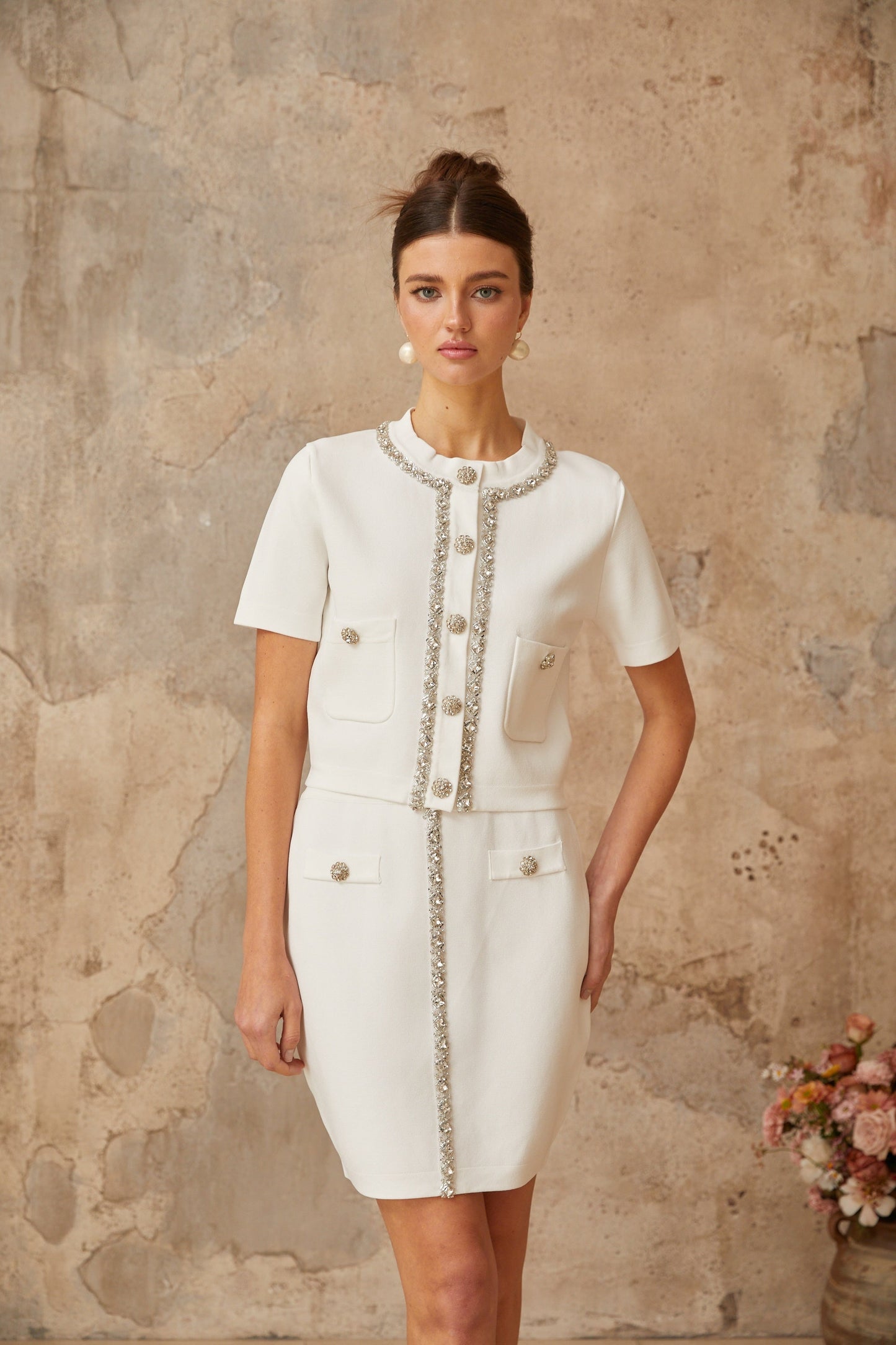 Aurore white crystal-embellished knit top & skirt matching set
