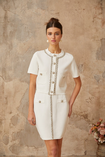 Aurore white crystal-embellished knit top & skirt matching set