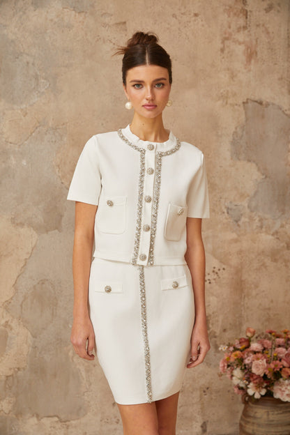 Aurore white crystal-embellished knit top & skirt matching set