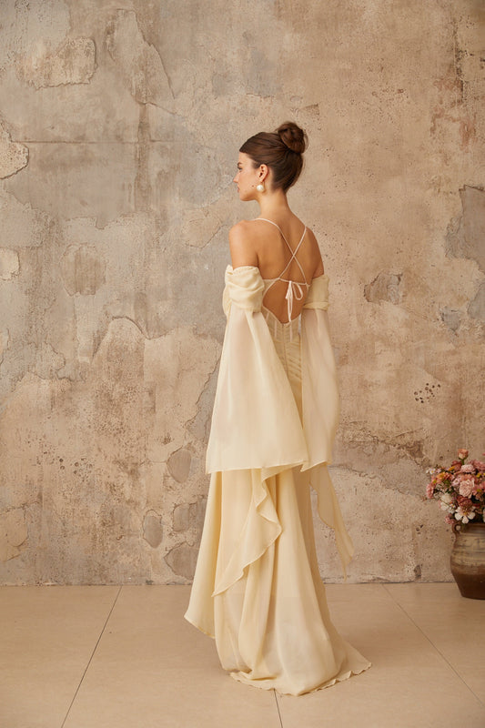 Mélusine Neutral Ruched Chiffon Maxi Dress