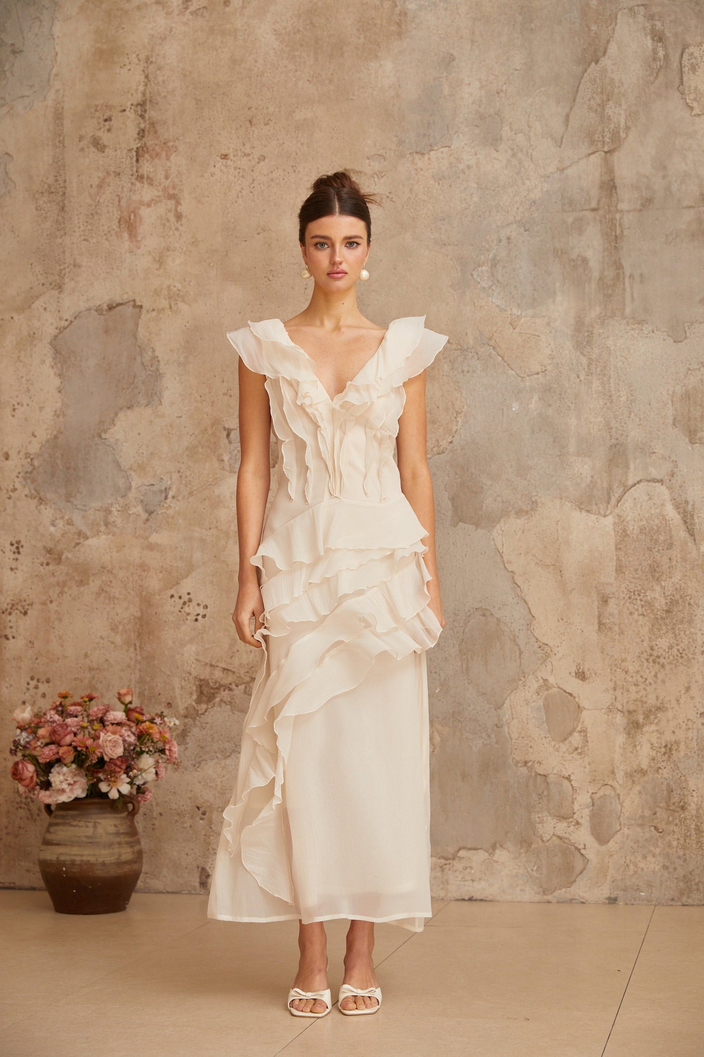 Hélène faux-flower layered ruffled maxi dress