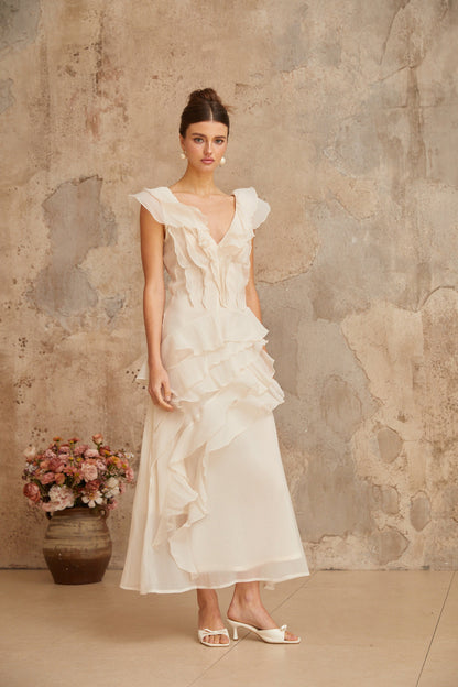 Hélène faux-flower layered ruffled maxi dress