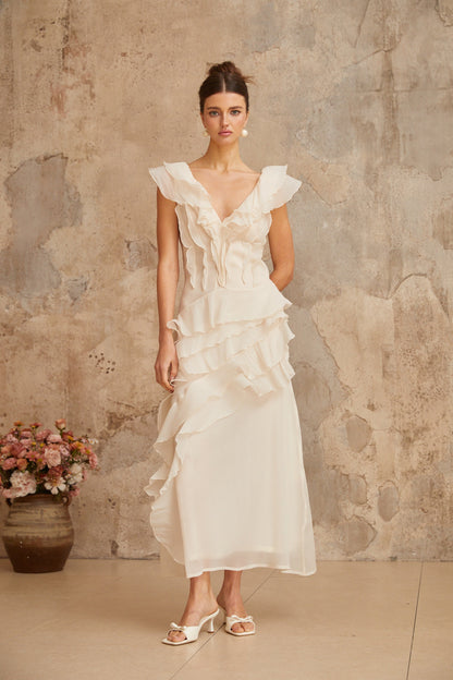 Hélène faux-flower layered ruffled maxi dress