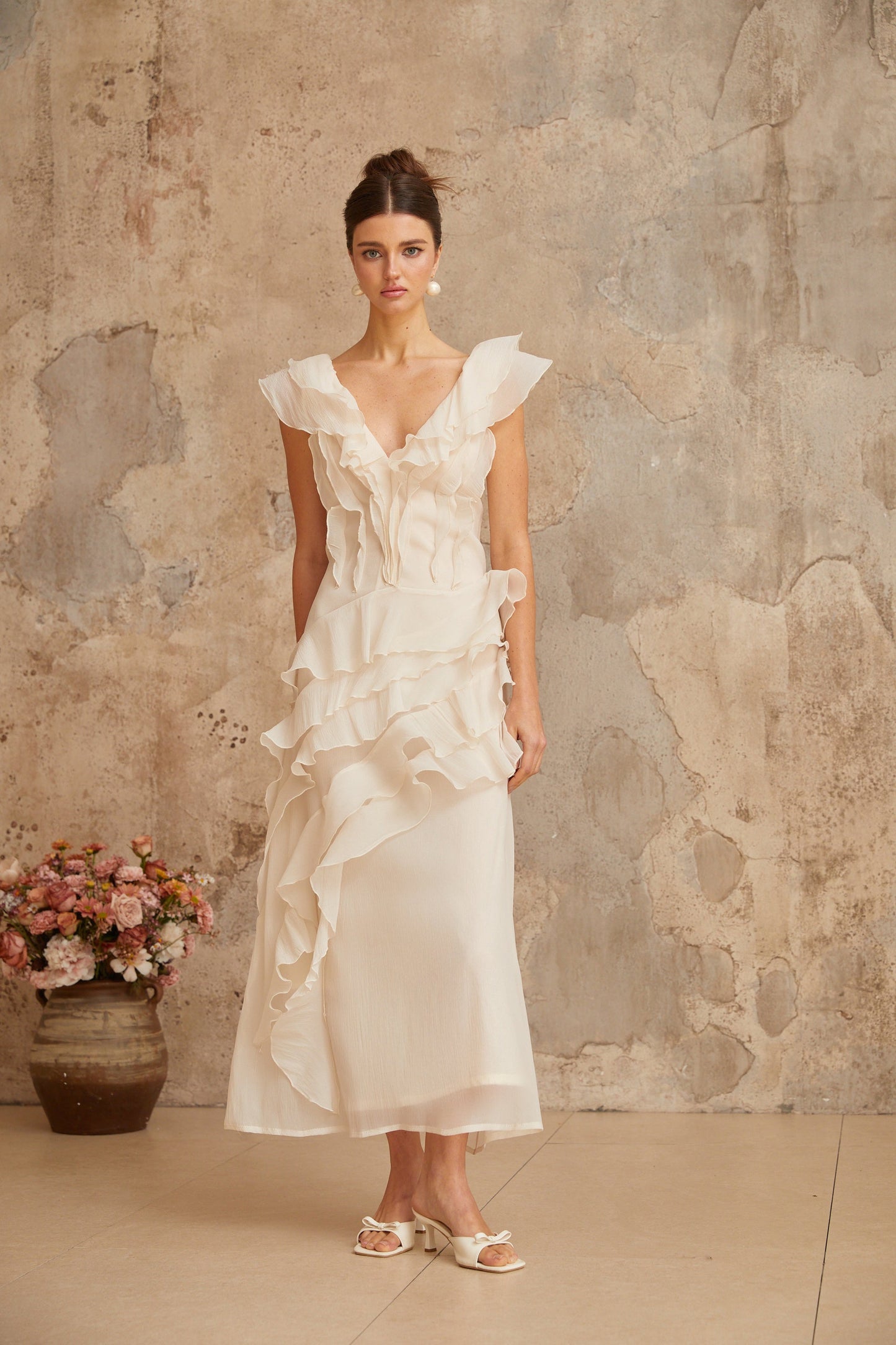 Hélène faux-flower layered ruffled maxi dress