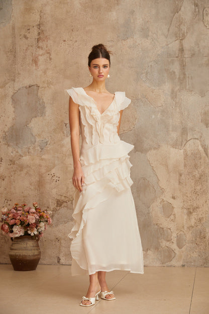Hélène faux-flower layered ruffled maxi dress