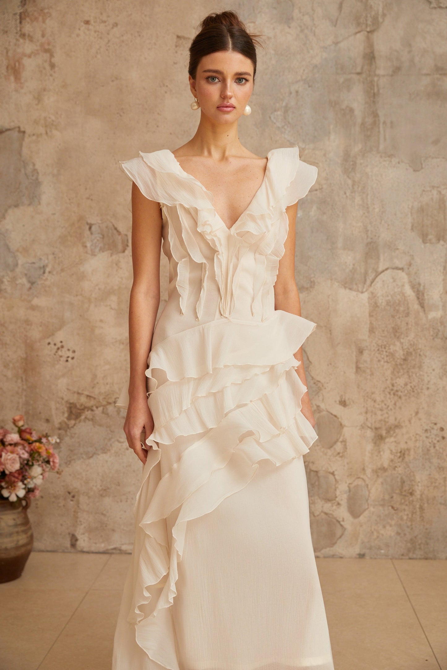 Hélène faux-flower layered ruffled maxi dress