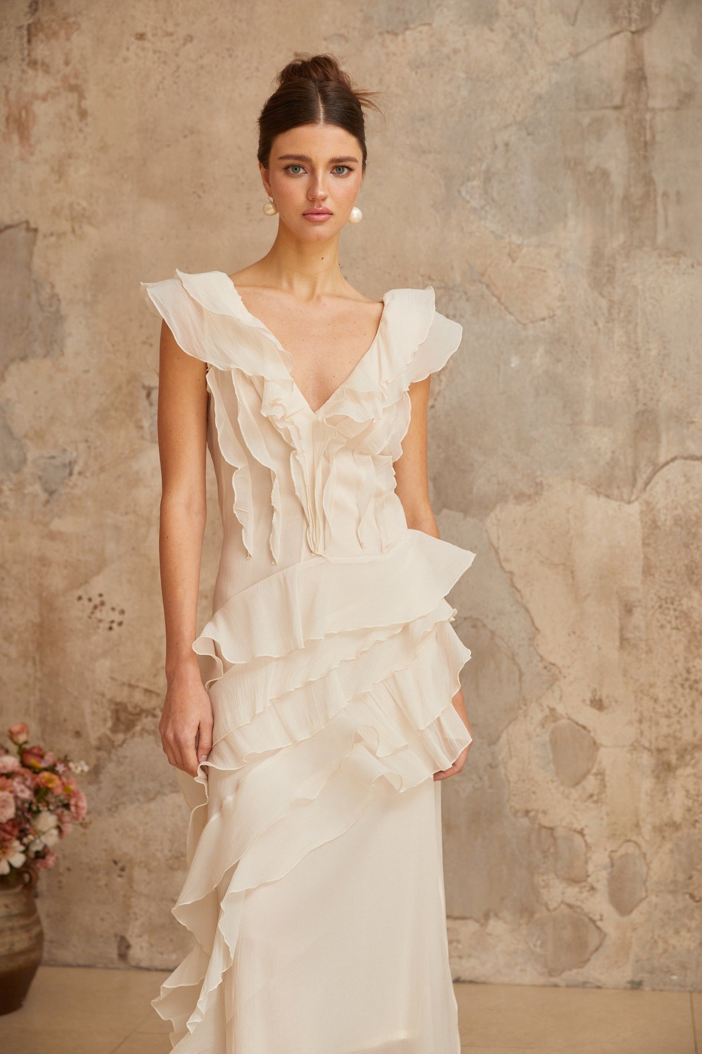 Hélène faux-flower layered ruffled maxi dress