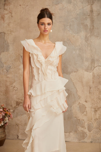 Hélène faux-flower layered ruffled maxi dress