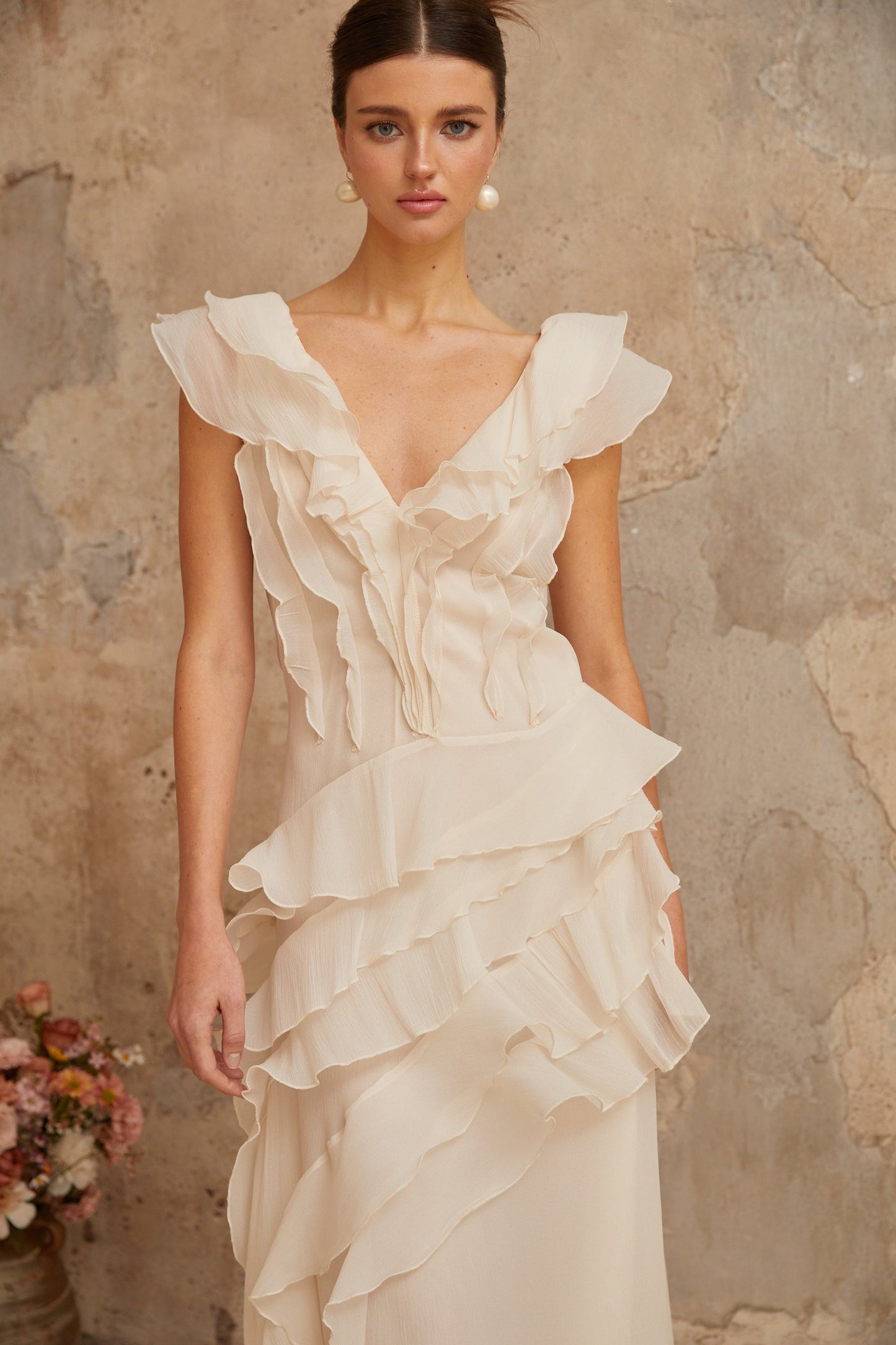 Hélène faux-flower layered ruffled maxi dress