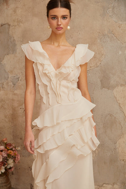 Hélène faux-flower layered ruffled maxi dress