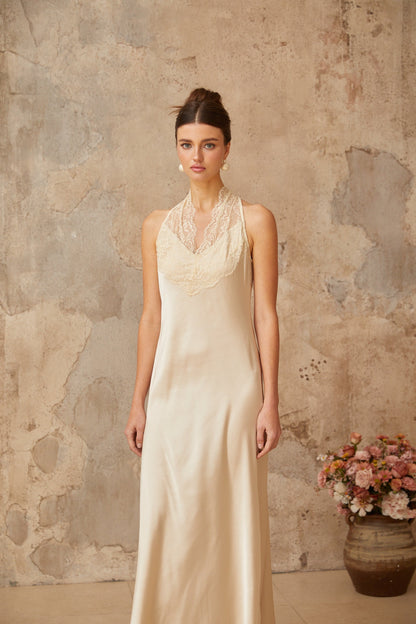 Vera White Lace Trim Satin Maxi Dress