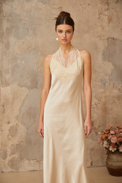 Vera White Lace Trim Satin Maxi Dress