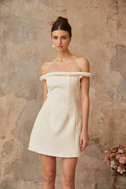 Lecollet white braid-detail puff mini dress