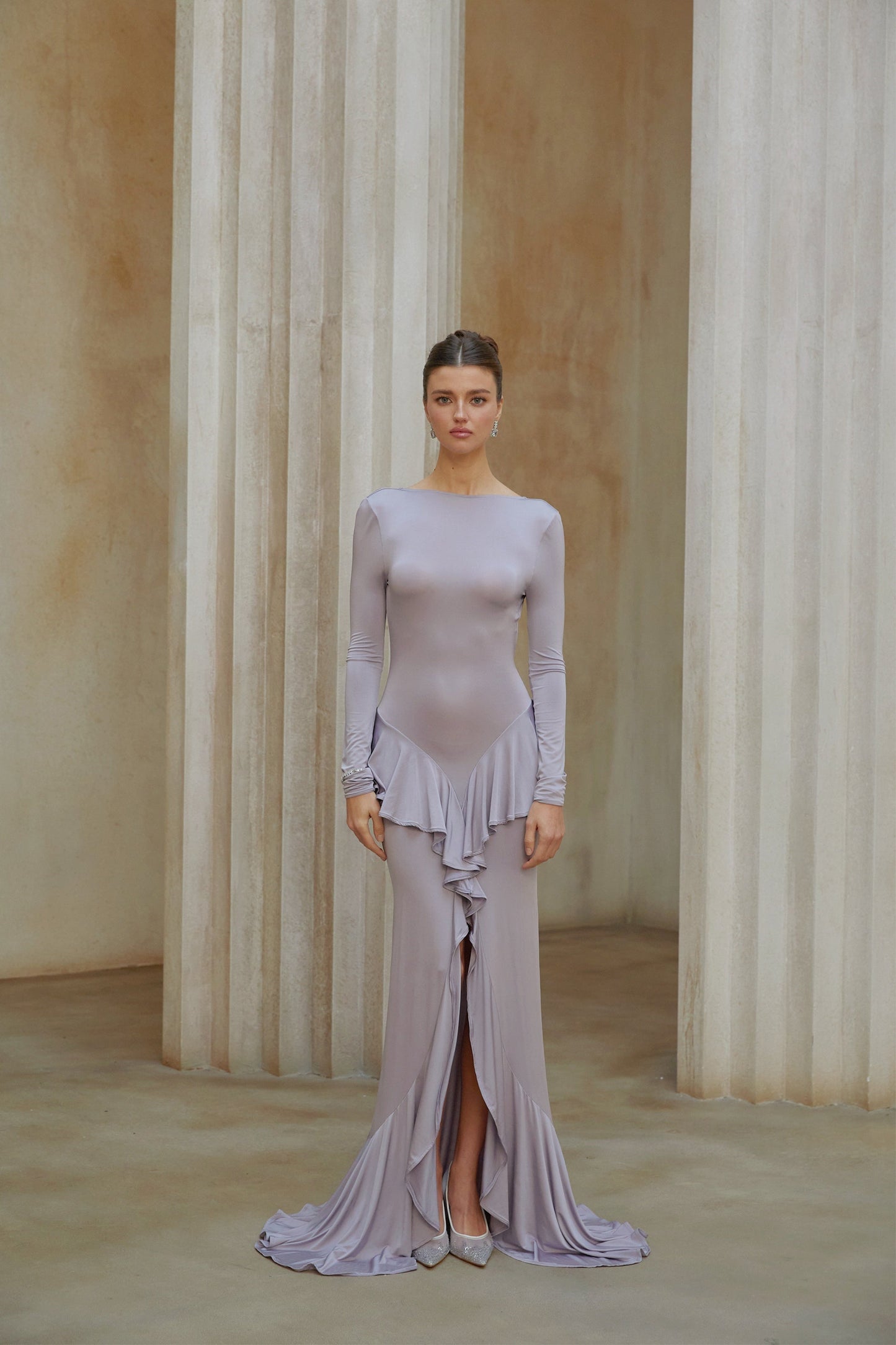 Xenia Purple Ruffle Detail Maxi Dress with Front Slit