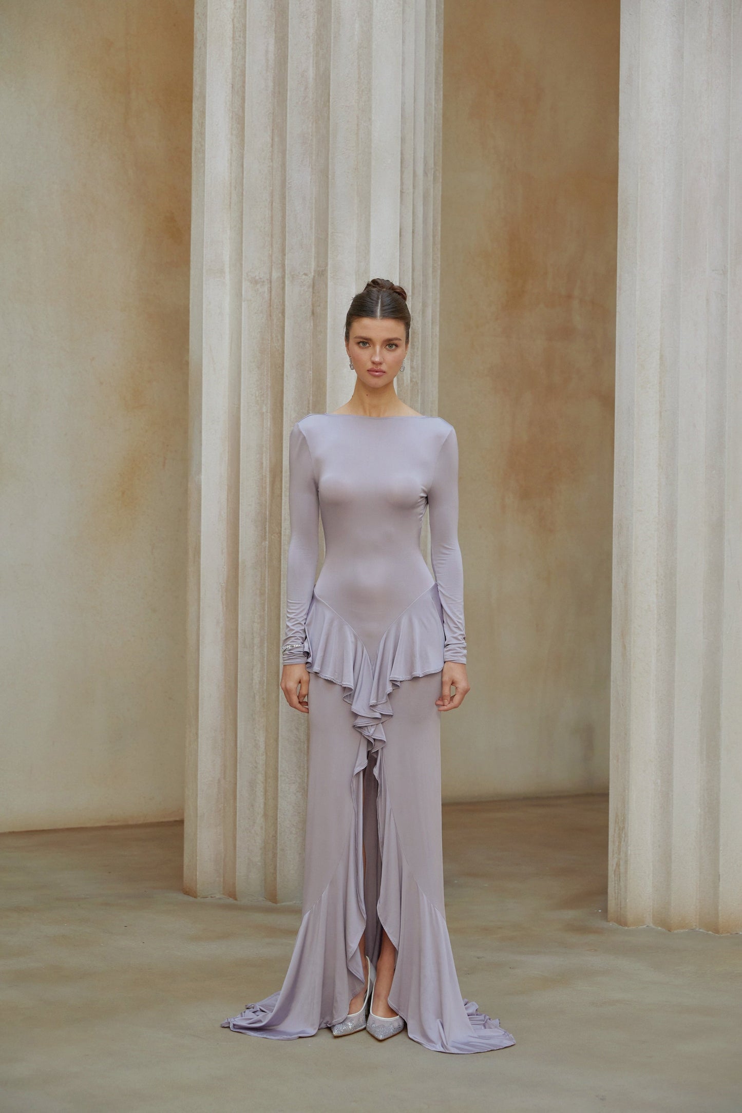 Xenia Purple Ruffle Detail Maxi Dress with Front Slit
