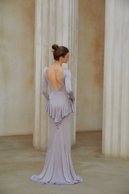 Xenia Purple Ruffle Detail Maxi Dress with Front Slit