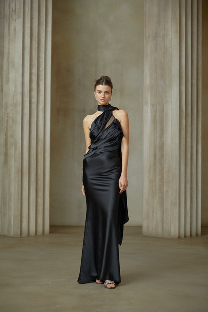 Maureen black ribbon-design satin maxi dress