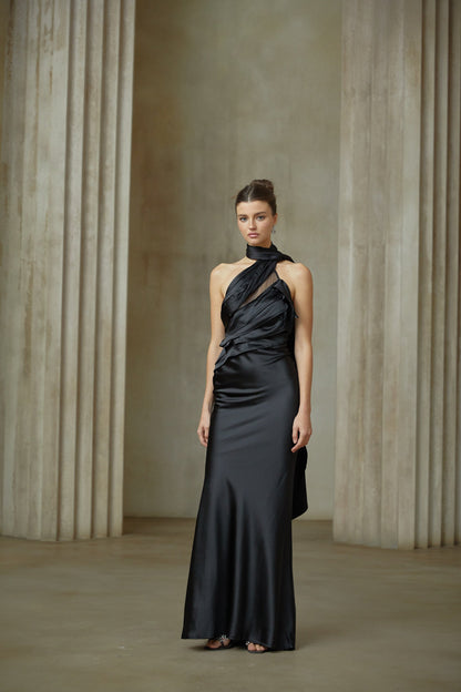 Maureen black ribbon-design satin maxi dress
